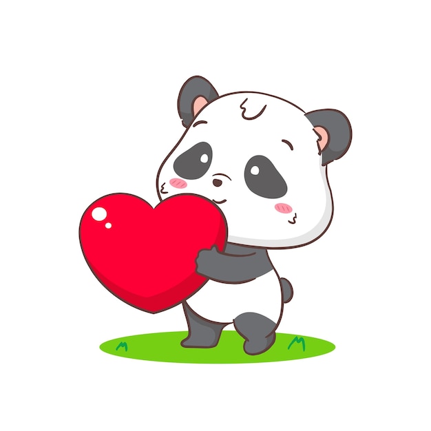 Cute panda with big love heart Adorable kawaii animal concept design Flat cartoon character