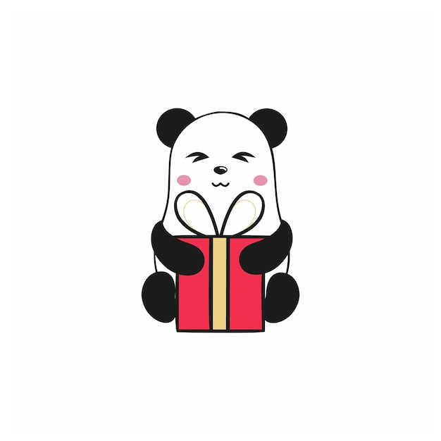 Cute Panda with closed eyes unpacks a gift for New year, birthday, Christmas or other holiday. Funny new year sticker 2021. Vector illustrations are humorous illustrations. Drawing for children.