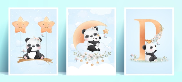 Panda carino con illustrazione floreale