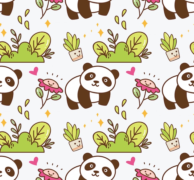 Симпатичная панда с цветочным бесшовным фоном