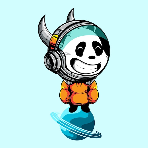 CUTE PANDA WITH HELMET ASTRONAUT STANDING ON THE PLANET