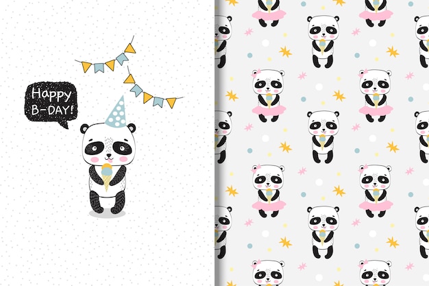 Милая панда с мороженым. открытка на день рождения и бесшовные модели.