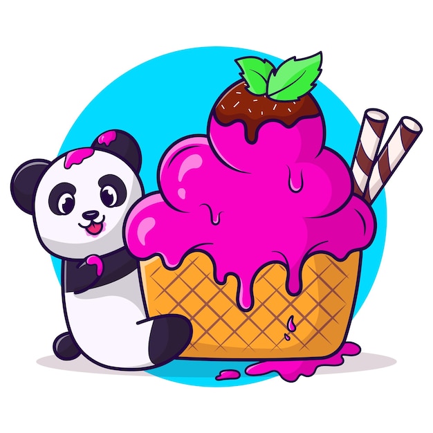 Panda sveglio con l'illustrazione dell'icona del fumetto del gelato