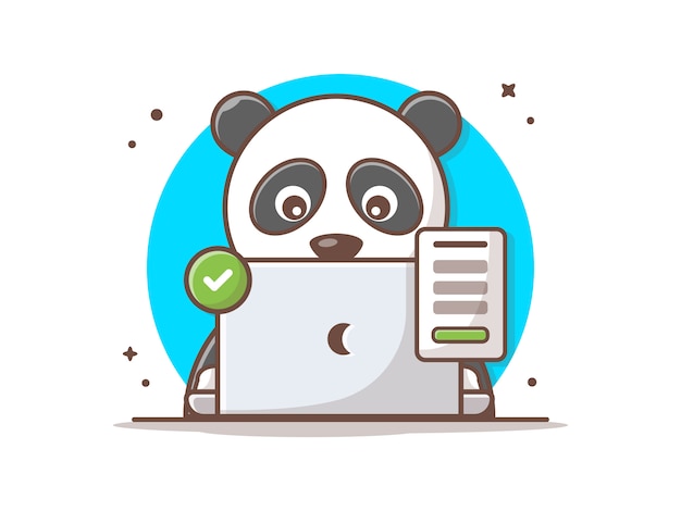 Cute panda with laptop and successful sign vector icon illustration.