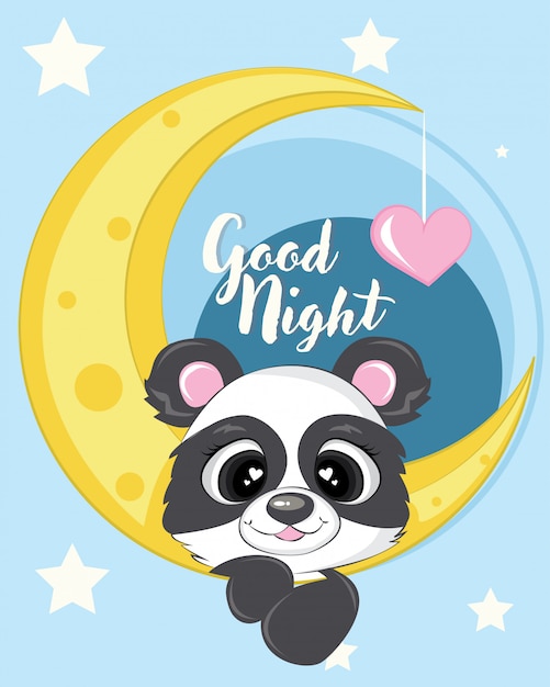 Panda carino con illustrazione della luna con amore e stella