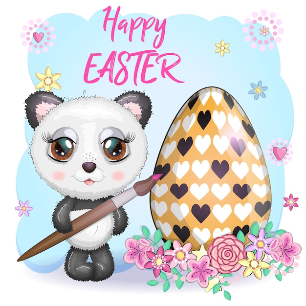 Cute panda with a tassel and a decorated egg the phrase Happy Easter Easter eggs branches with leaves flowers