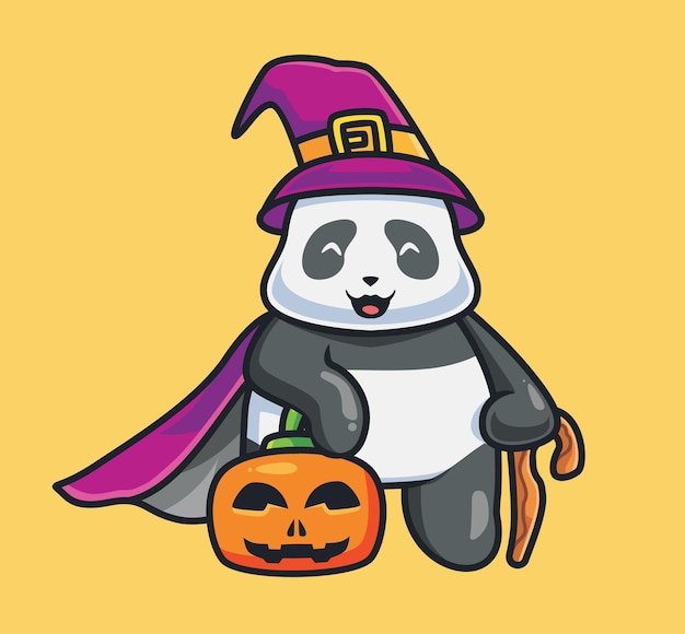 Милый панда-волшебник с тыквой. изолированные мультфильм животных хэллоуин иллюстрации. плоский стиль, подходящий для дизайна стикеров, иконок премиум-логотипов. талисман