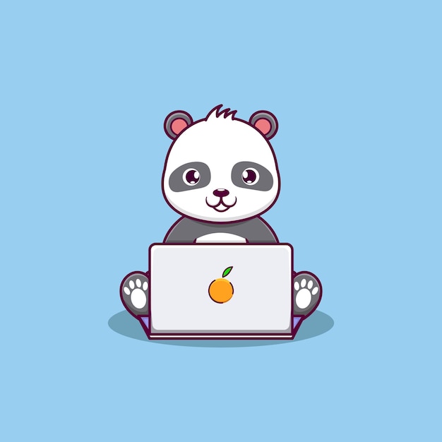 Cute Panda Working On Laptop Cartoon Vector Icon Illustration Animal Technology Icon Concept