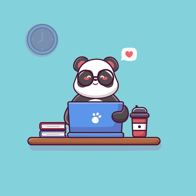 Vector cute panda working on laptop cartoon vector icon illustration animal technology icon