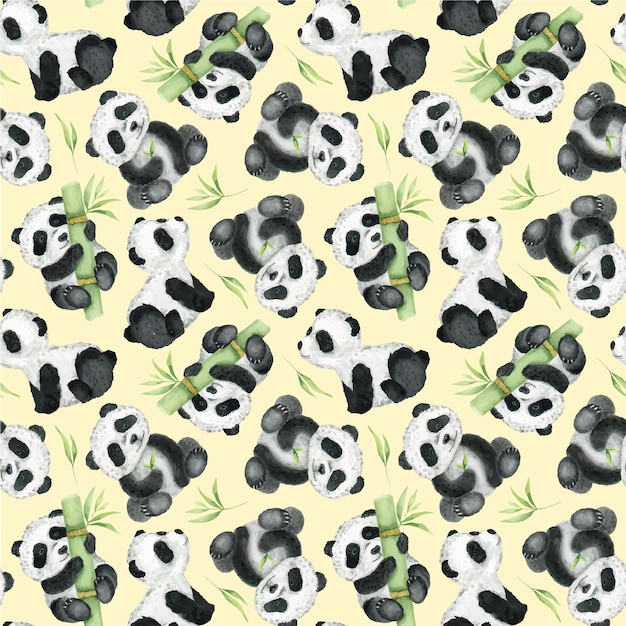 Cute pandas and bamboo on a yellow background Watercolor seamless pattern