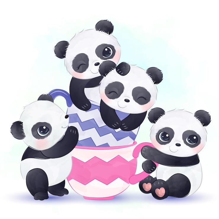 Vector cute pandas playing together happily