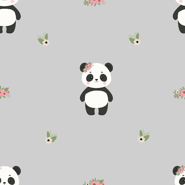 Panda carini con disegno senza cuciture carta da parati per bambini sullo sfondo grigio dell'orso d'amore