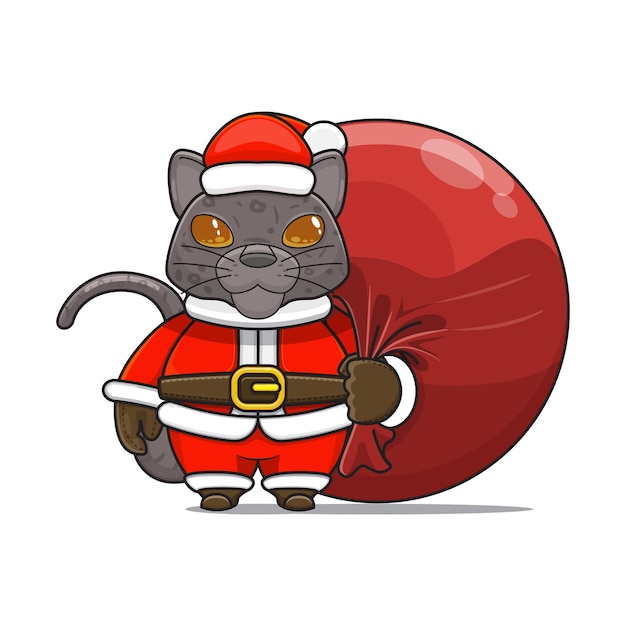 Vector cute panther carrying christmas gifts in bundle bag cute santa animal cartoon