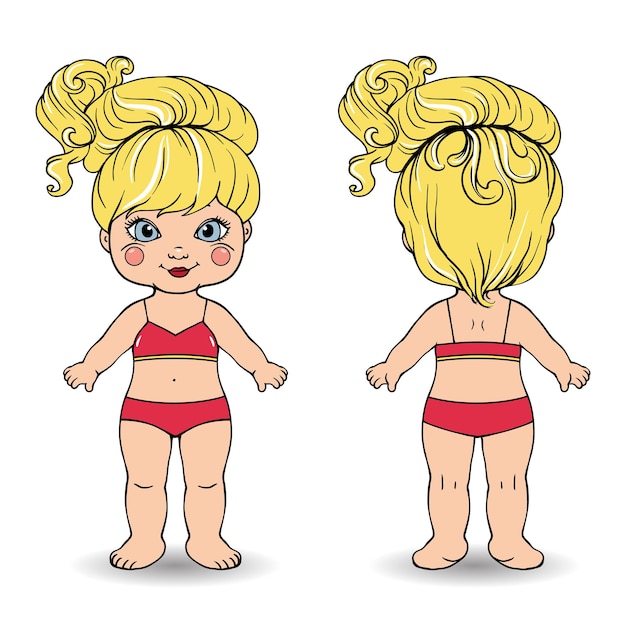 Cute paper doll in front and back views little blond girl vector cartoon illustration
