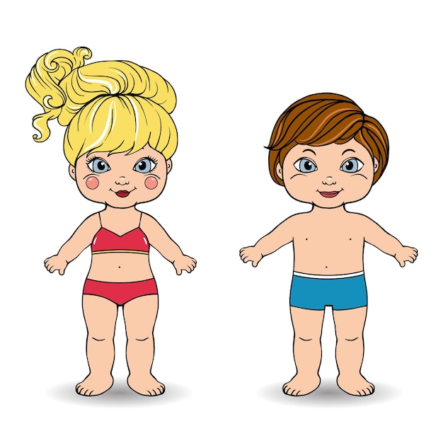 Cute Paper dolls Little girl and boy in front views Vector cartoon illustration