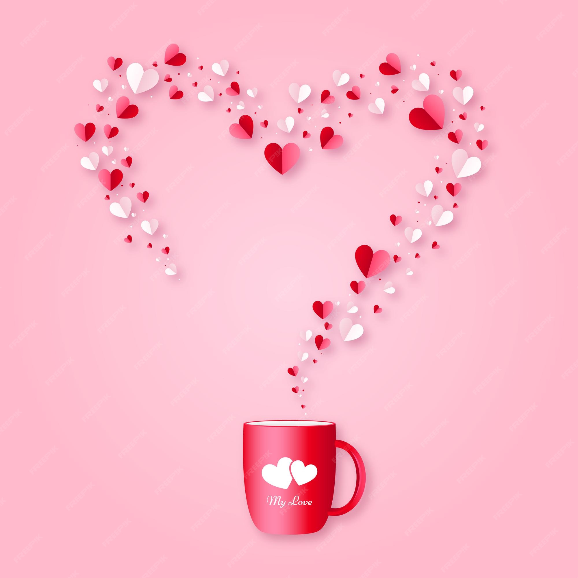 Premium Vector | Cute paper heart valentines day coffee mug background