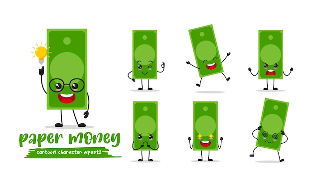 cute paper money cartoon with many expressions different activity pose vector flat design