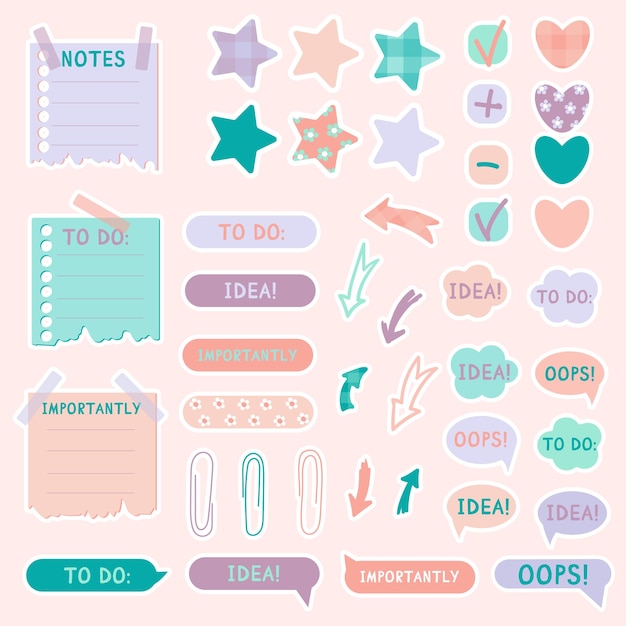 Cute paper notes in pastel colors Stickers Simple page Stationary set Notes and postcards for notes Printable planner stickers A note on the todo list Decorative element of planning Vector