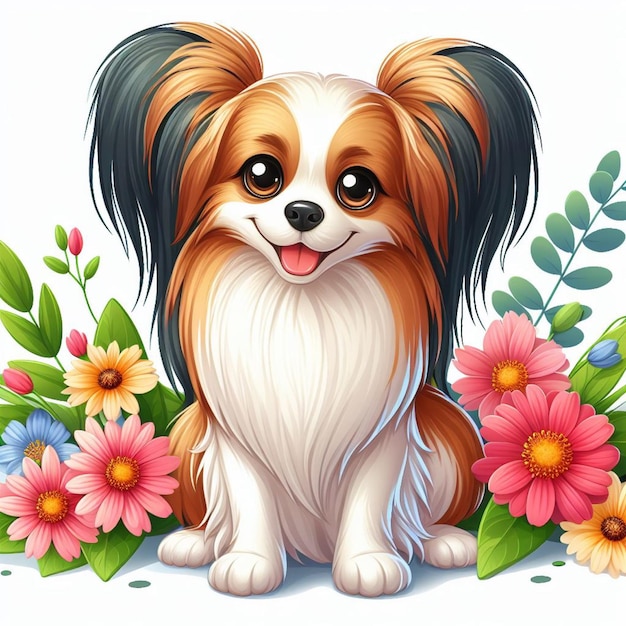 ベクトル 可愛いパピヨン犬と花 ベクトル漫画イラスト