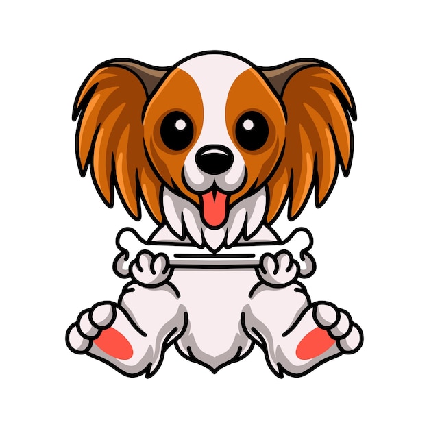 Cute papillon dog cartoon holding a bone