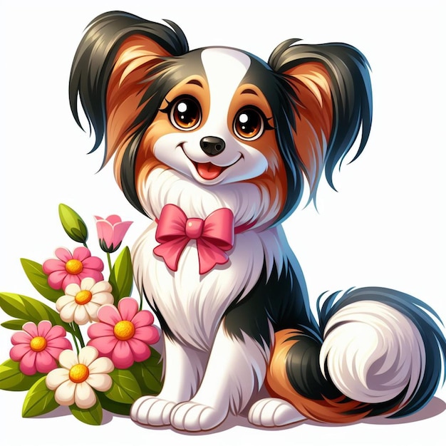 Cute Papillon Dog and Flowers Vector Cartoon illustration