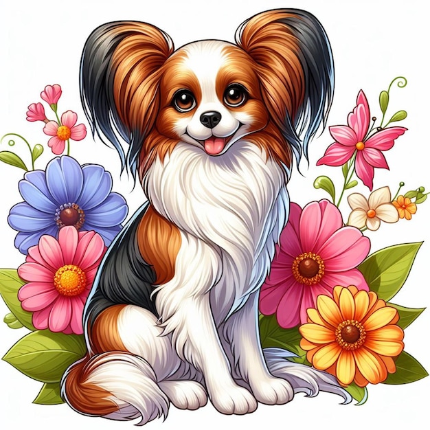 Cute Papillon Dog and Flowers Vector Cartoon illustration