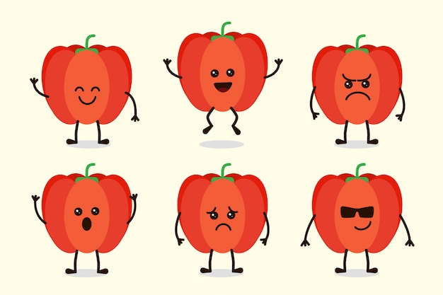 Cute Paprica Vegetable Character Isolated in Multiple Expressions