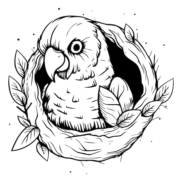 Vector cute parrot in the nest hand drawn vector illustration