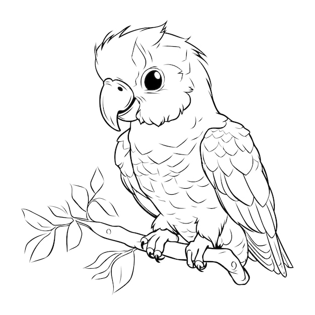 Vector cute parrot sitting on a branch black and white vector illustration