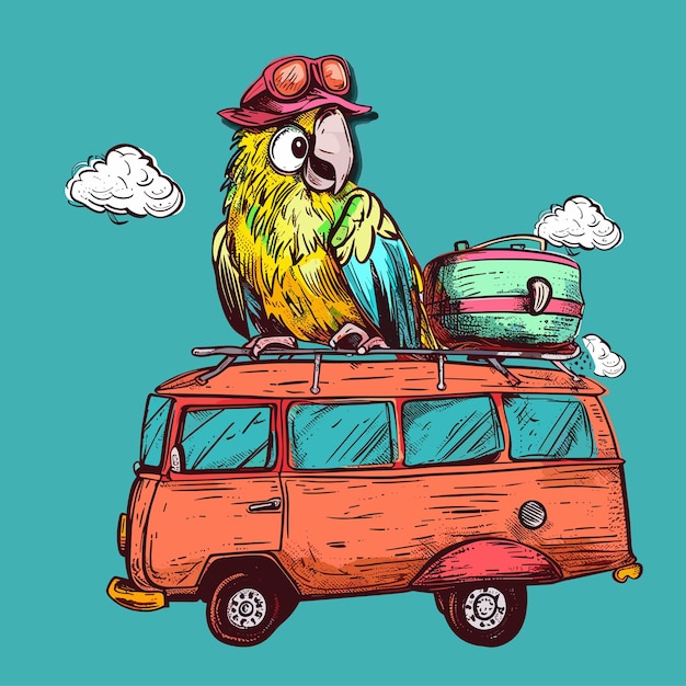 Vector cute parrot sitting on the roof of the car vector illustration