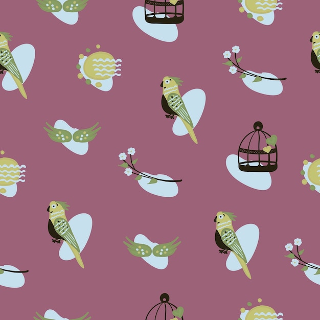 Cute parrots on light burgundy background seamless pattern