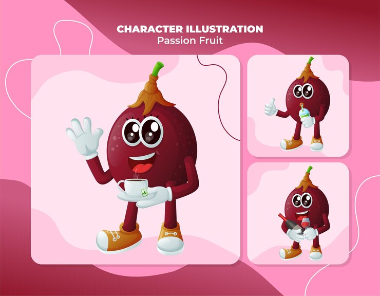 वेक्टर cute passion fruit characters enjoying beverages