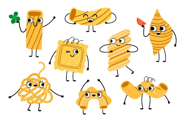 Simpatici personaggi di pasta cartoon sorridente ravioli spaghetti spirali cucina italiana cibo divertente tagliatelle prodotti facce felici set vettoriale