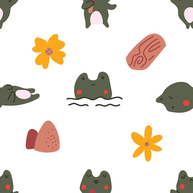 Vector cute pastel color scandinavian style baby frog toad flower doodle seamless pattern