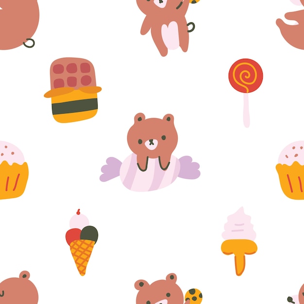 Cute pastel color scandinavian style bear cub sweets doodle hand drawn illustration