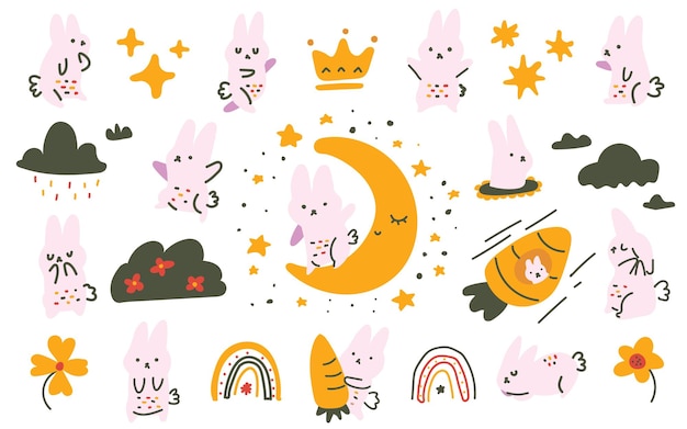 Cute pastel color scandinavian style bunny, moon, carrot doodle hand drawn illustration