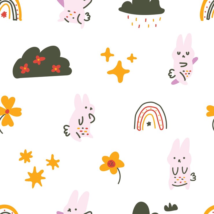Vector cute pastel color scandinavian style bunny moon carrot seamless pattern