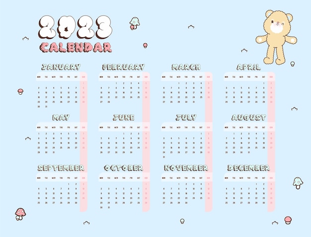 Cute pastel colors calendar 2023 with teddy bear