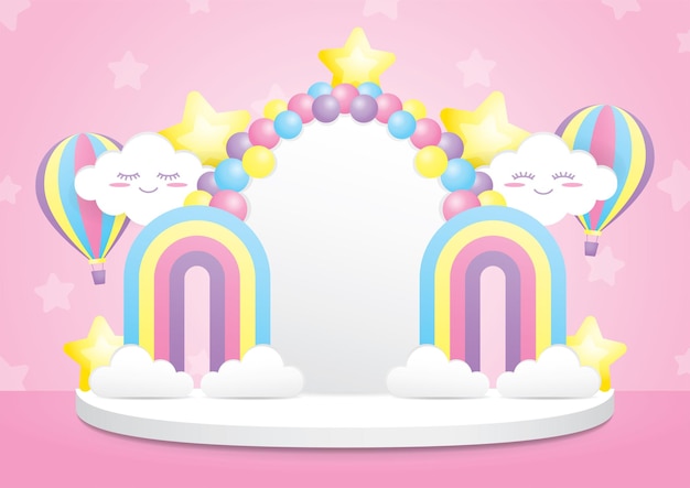 cute pastel fantasy kawaii backdrop stage 3d illustration vector on sweet pink background