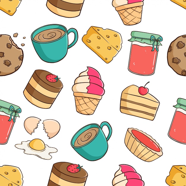 いちごジャム、コーヒー、クッキー、白い背景の上のスライスケーキとのシームレスなパターンでかわいいペストリー要素
