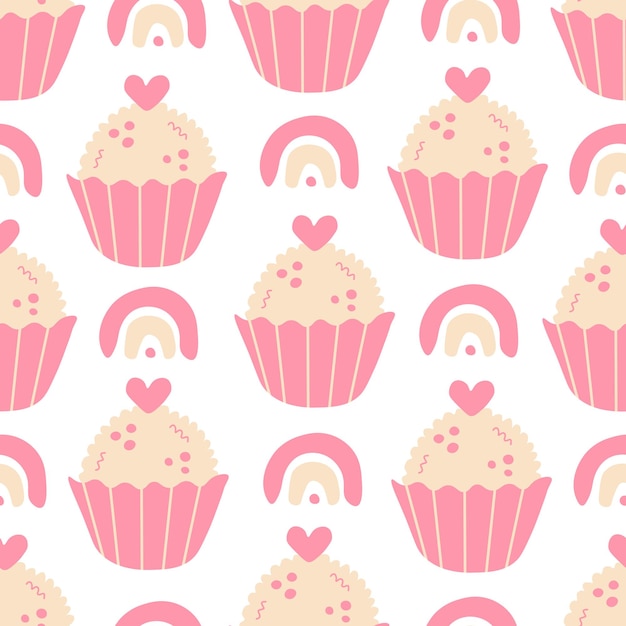 Cute pastry seamless pattern with pink sweets heart rainbow