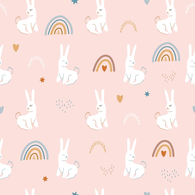 Cute pattern of bunnies and boho rainbows Hand drawn illustration Repeat background for wallpaper