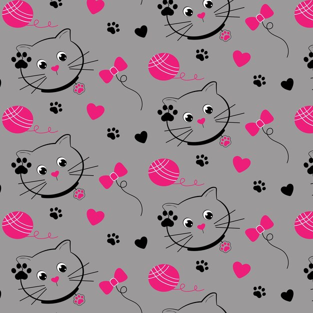 Vector cute pattern childrens pattern with a cat pink black gray