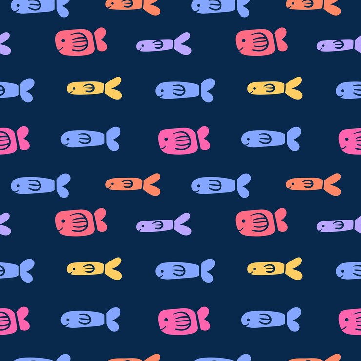 Vector cute pattern of a doodle of colored fish on a dark blue background. nautical vector pattern