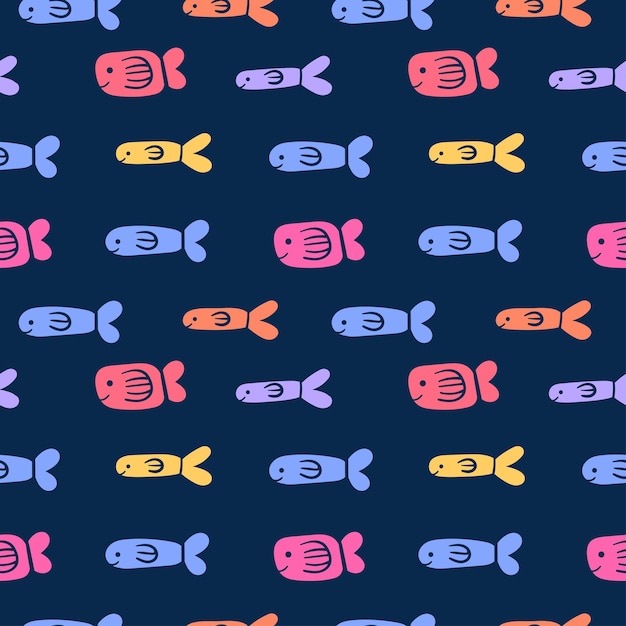 濃い青色の背景に色付きの魚の落書きのかわいいパターン。航海のベクトル パターン