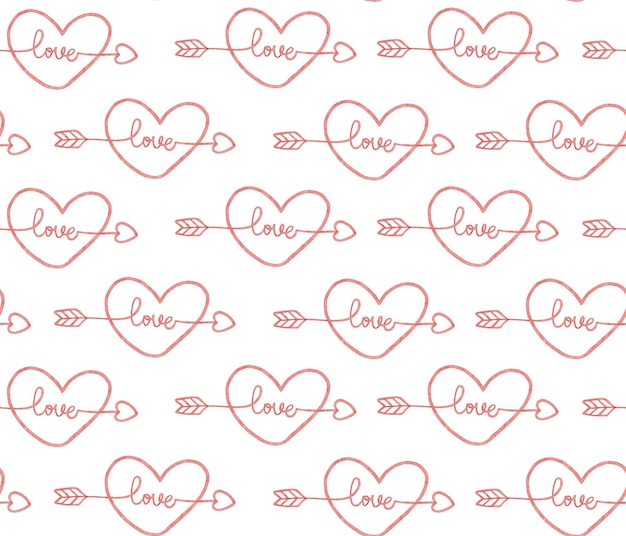 Cute pattern seamless background watercolour red heart line art watercolour with love word and arrow in heart hand writing isolated on white background