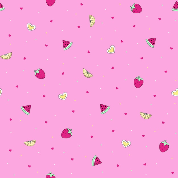 Cute pattern of strawberries and watermelon small fruit on pink background