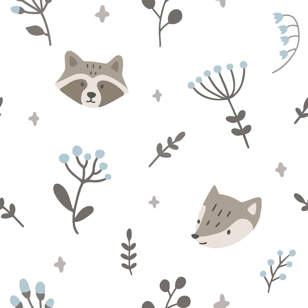 Cute pattern with animas heads and herbs.