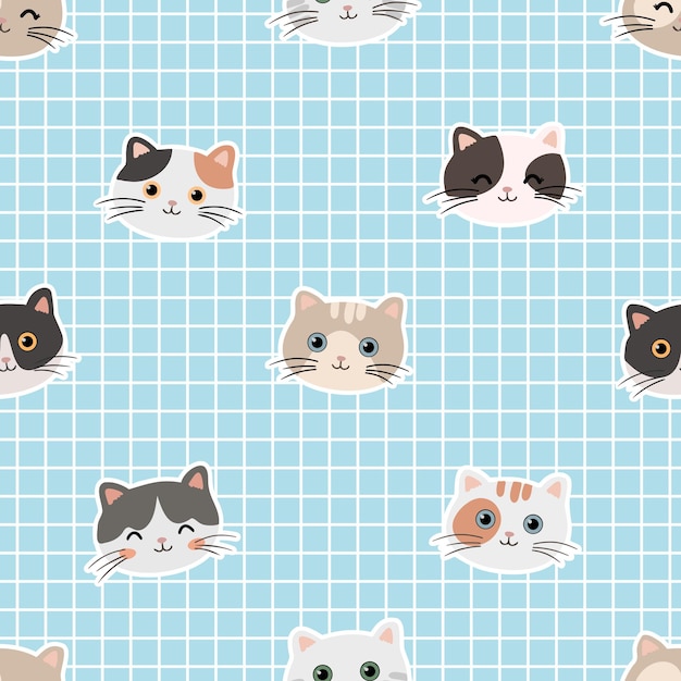 Cute pattern with cats on blue checkered background vector seamless texture for kids fabric wrapping paper design