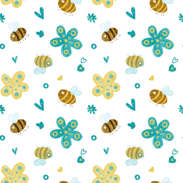 Cute pattern with funny bees, flowers, hearts. Imitation of a chalk drawing.